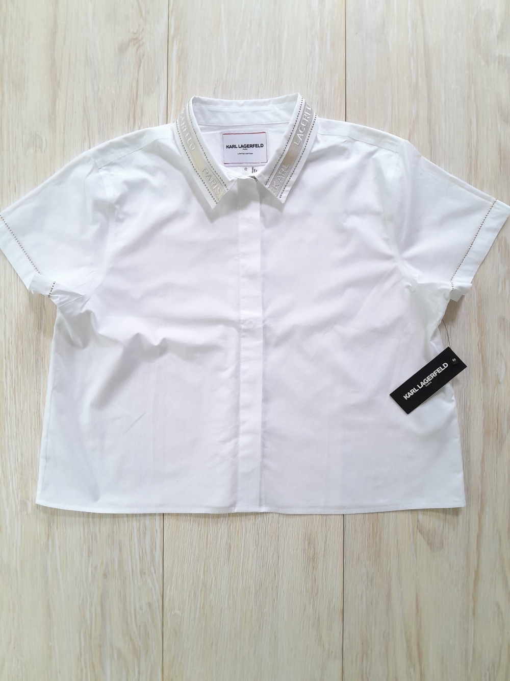 Karl Lagerfeld White Short Sleeve Shirt with Embellished Collar